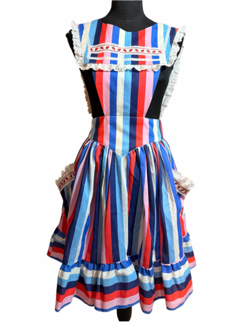 vintage pinafore dress red, white, blue, and pink strawberry lace pockets